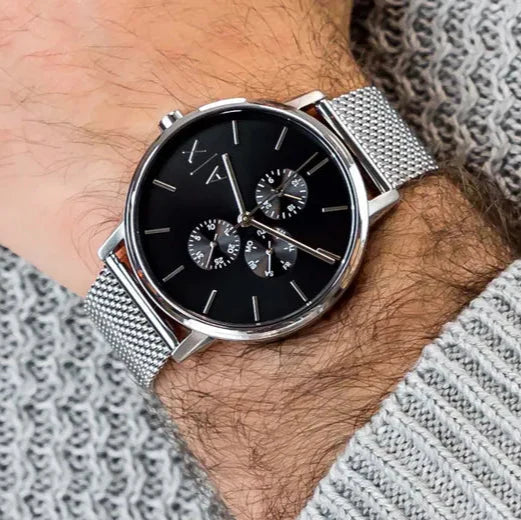 Shop Authentic Armani Exchange Cayde Chronograph Black Dial Silver Mesh Strap Watch For Men - AX2714 - Luxxuri