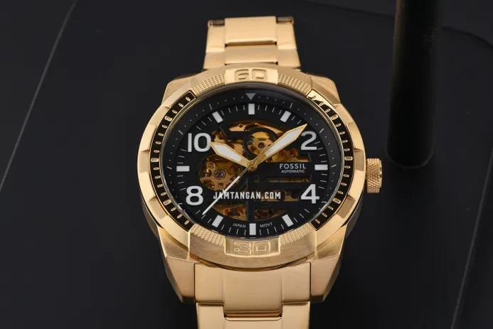  Shop Authentic Fossil Bronson Automatic Skeleton Black Dial Gold Steel Strap Watch for Men - ME3257 - Luxxuri