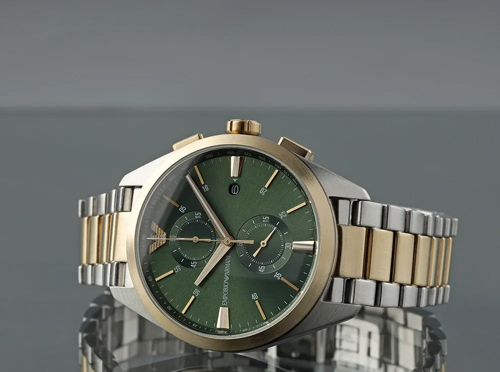  Shop Authentic Emporio Armani Claudio Chronograph Green Dial Two Tone Steel Strap Watch For Women - AR11511 - Luxxuri