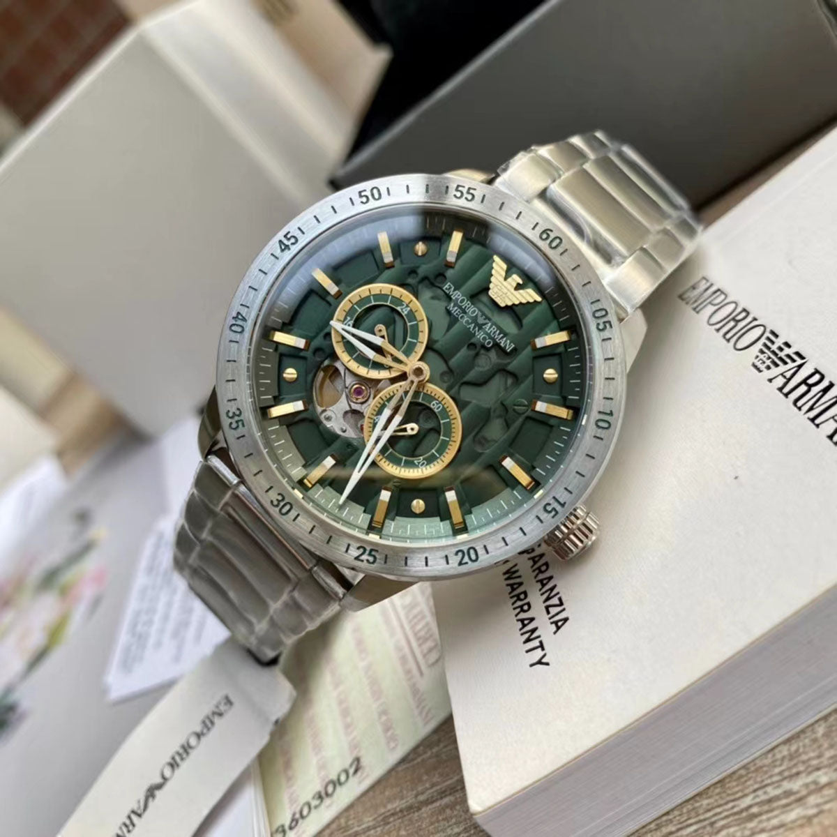  Shop Authentic Emporio Armani Meccanico Chronograph Automatic Green Dial Silver Steel Strap Watch For Men - AR60053 - Luxxuri