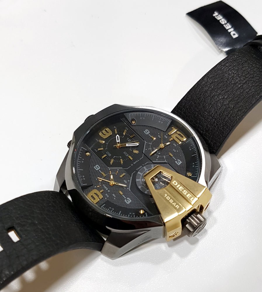  Shop Authentic Diesel Uber Chief Two Hand Black Dial Black Leather Strap Watch For Men - DZ7377 - Luxxuri