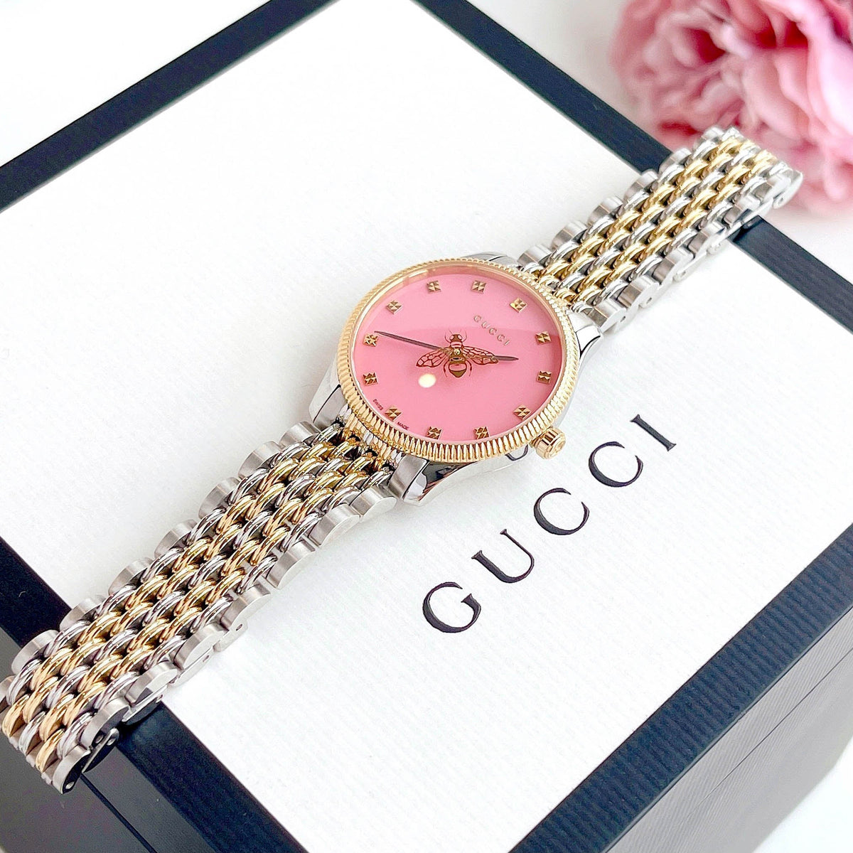  Shop Authentic Gucci G Timeless Quartz Pink Dial Two Tone Steel Strap Watch For Women - YA1265030 - Luxxuri