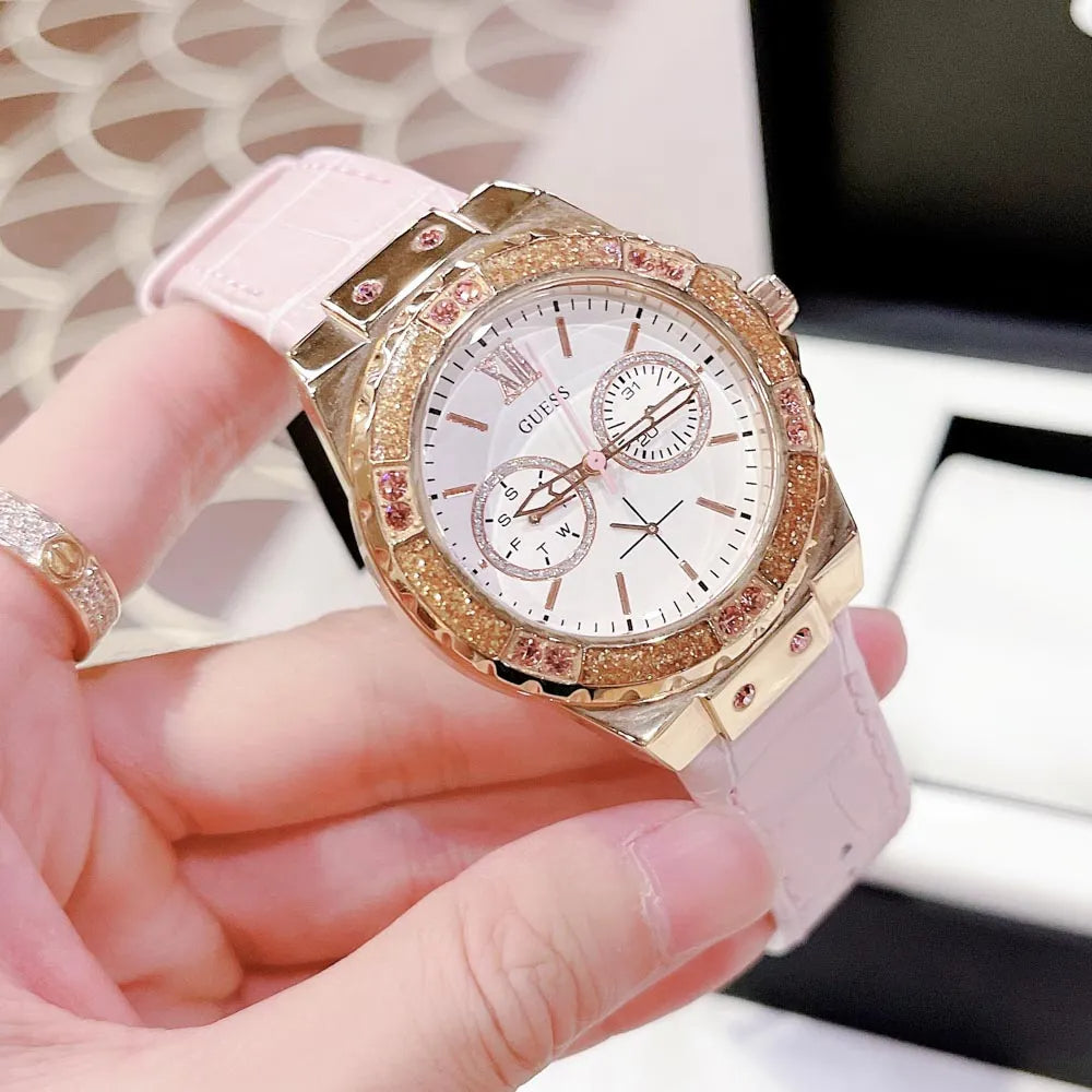  Shop Authentic Guess Limelight Quartz Analog White Dial Pink Leather Strap Watch For Women - W0775l3 - Luxxuri