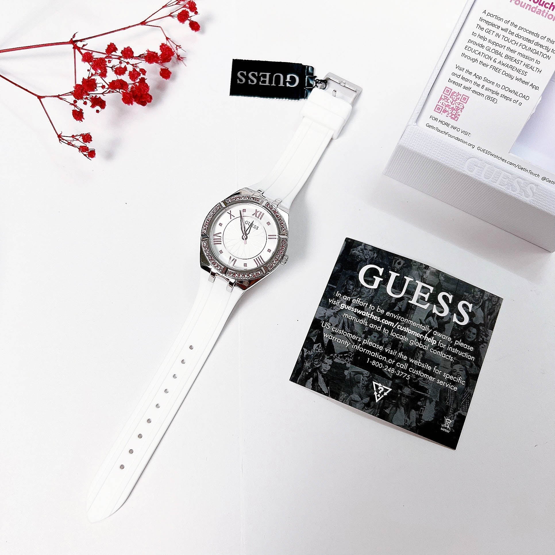  Shop Authentic Guess Sparkling Silver Dial White Rubber Strap Watch For Women - GW0032L1 - Luxxuri