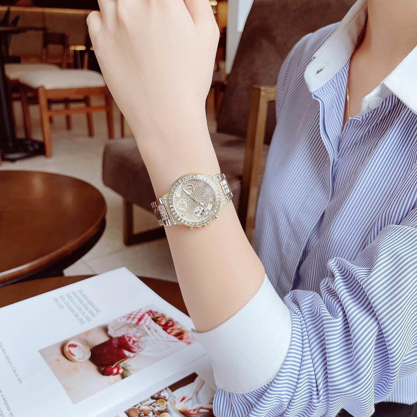  Shop Authentic Guess Moonlight Multi Function Diamonds Gold Dial Gold Steel Strap Watch for Women - GW0320L2 - Luxxuri