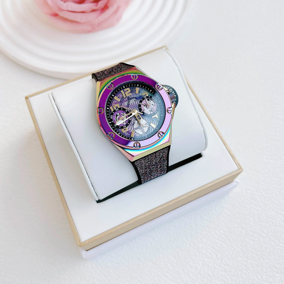  Shop Authentic Guess Multifunction Analog Purple Dial Black Rubber Strap Watch For Women - GW0620L4 - Luxxuri