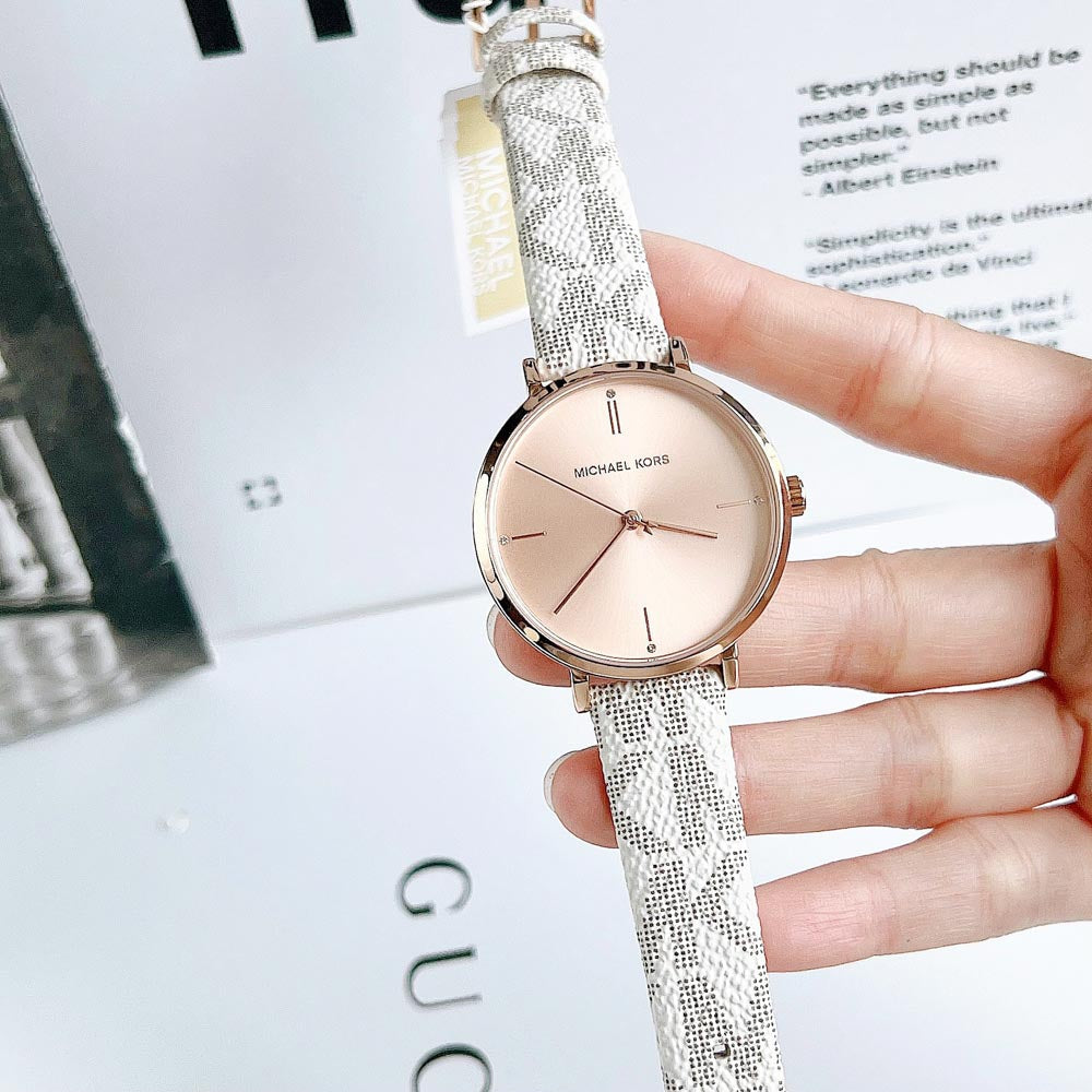  Shop Authentic Michael Kors Jayne Three Hand Rose Gold Dial White Leather Strap Watch For Women - MK7128 - Luxxuri