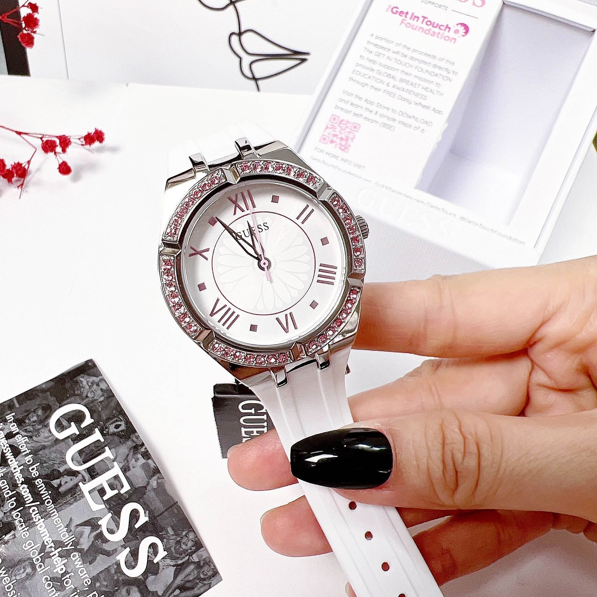 Shop Authentic Guess Sparkling Silver Dial White Rubber Strap Watch For Women - GW0032L1 - Luxxuri