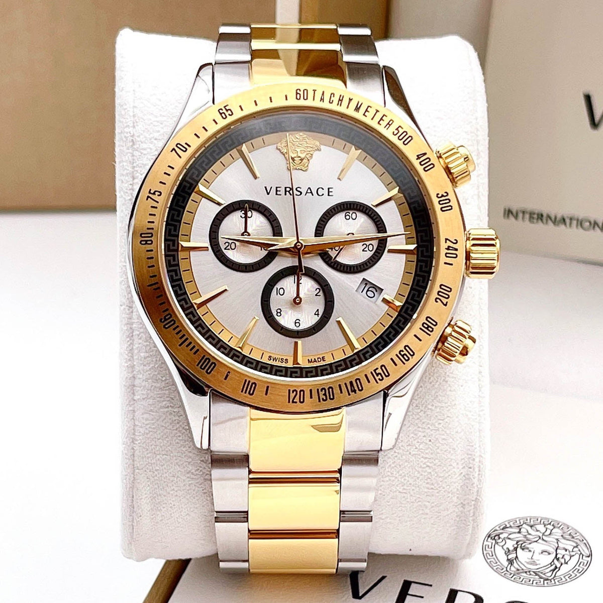  Shop Authentic Versace Classic Chronograph Quartz Silver Dial Two Tone Steel Strap Watch For Men - VEV700519 - Luxxuri