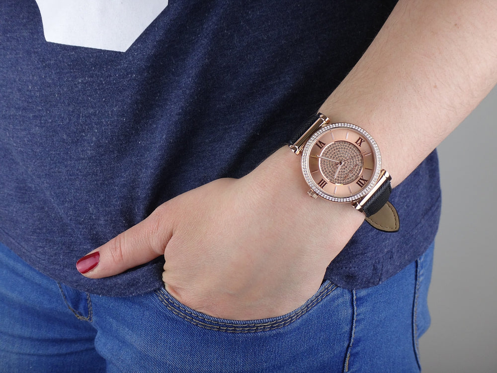  Shop Authentic Michael Kors Catlin Rose Gold Crystal Dial Black Leather Strap Watch for Women - MK2376 - Luxxuri