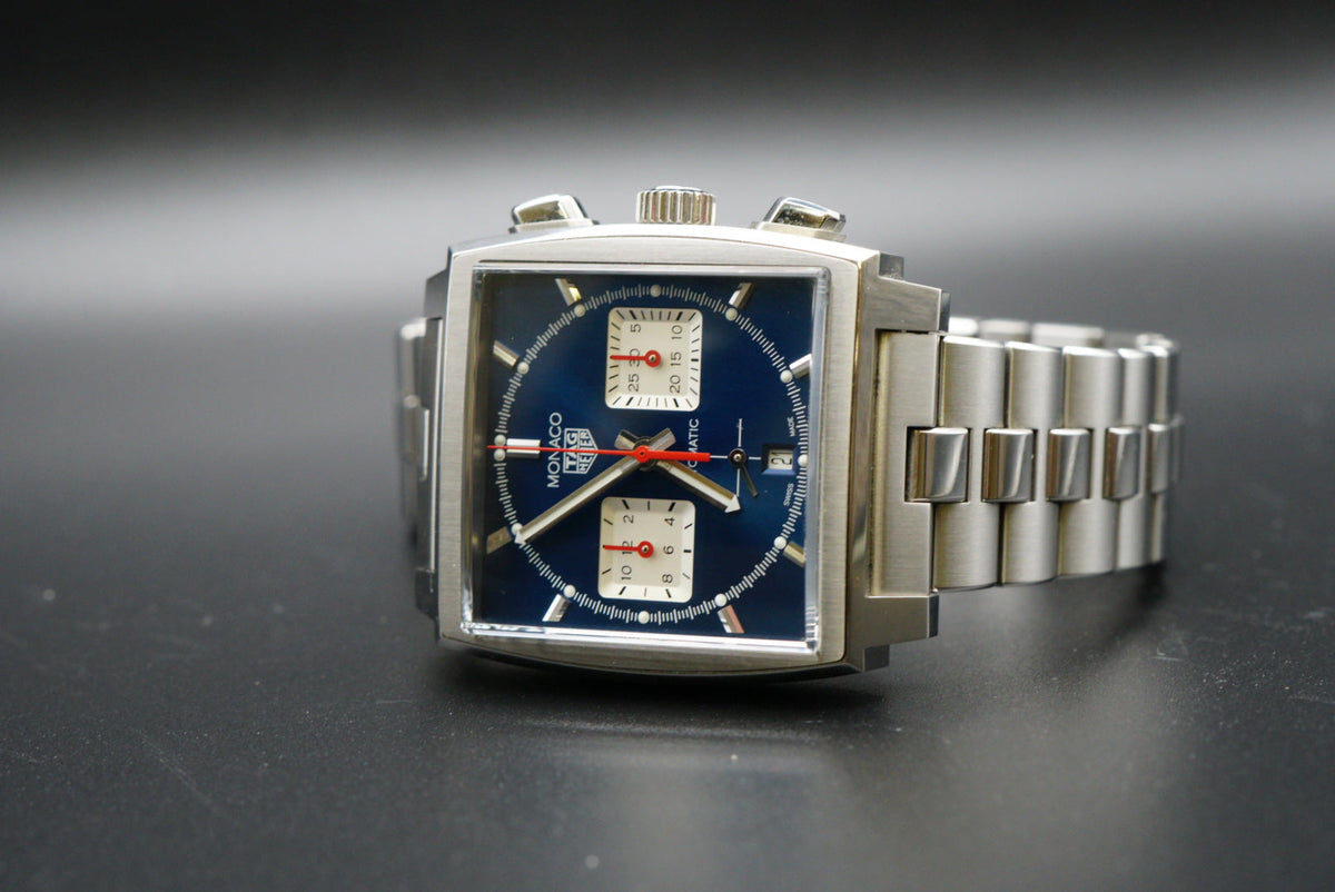  Shop Authentic Tag Heuer Monaco Automatic Chronograph Blue Dial Silver Steel Strap Watch for Men - CBL2111.BA0644 - Luxxuri