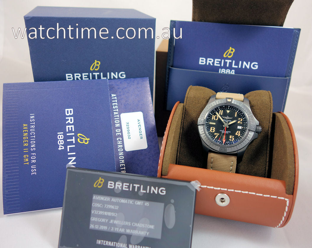  Shop Authentic Breitling Avenger Automatic GMT 45 Black Dial Brown Nylon Strap Watch for Men - V32395101B1X1 - Luxxuri