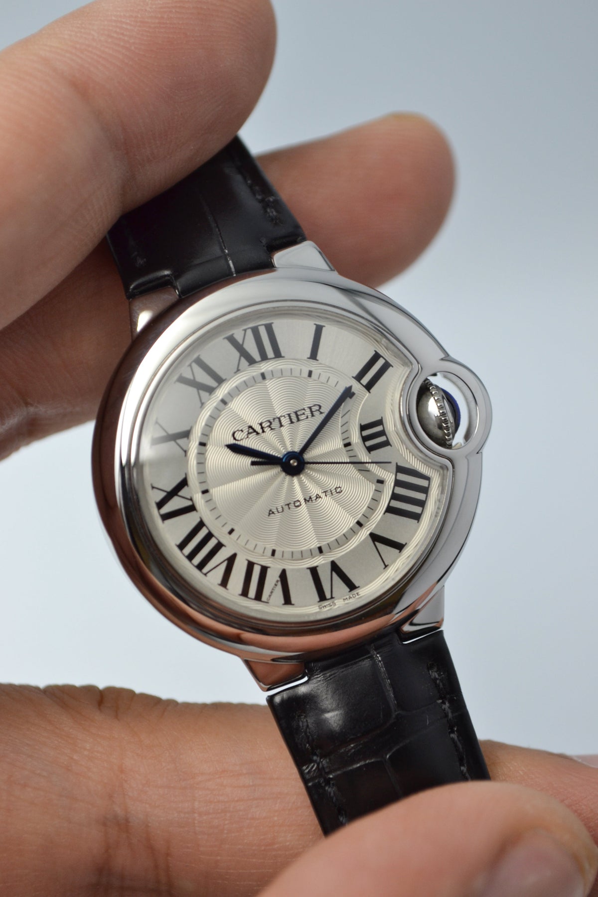  Shop Authentic Cartier Ballon Bleu De Cartier Silver Dial Black Leather Strap Watch for Women - WSBB0030 - Luxxuri
