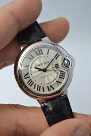  Shop Authentic Cartier Ballon Bleu De Cartier Silver Dial Black Leather Strap Watch for Women - WSBB0030 - Luxxuri