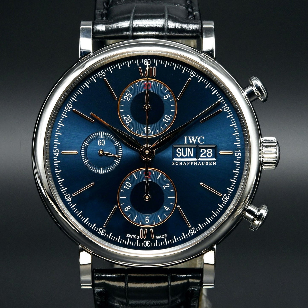  Shop Authentic IWC Portofino Chronograph Blue Dial Black Leather Strap Watch for Men - IW391036 - Luxxuri