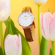 Daniel Wellington Petite Durham White Dial Brown Leather Strap Watch For Women - DW00100172