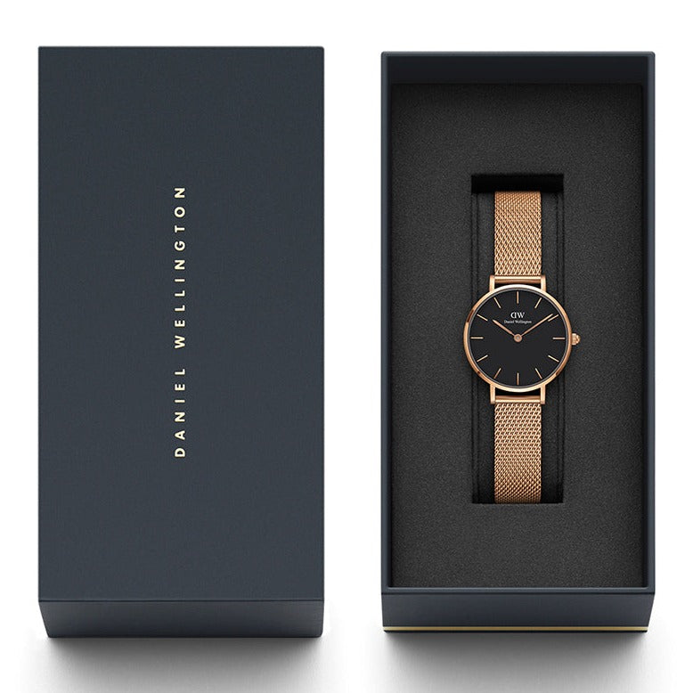  Shop Authentic Daniel Wellington Classic Petite Melrose Black Dial Rose Gold Mesh Bracelet Watch For Women - DW00100217 - Luxxuri