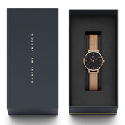  Shop Authentic Daniel Wellington Classic Petite Melrose Black Dial Rose Gold Mesh Bracelet Watch For Women - DW00100217 - Luxxuri