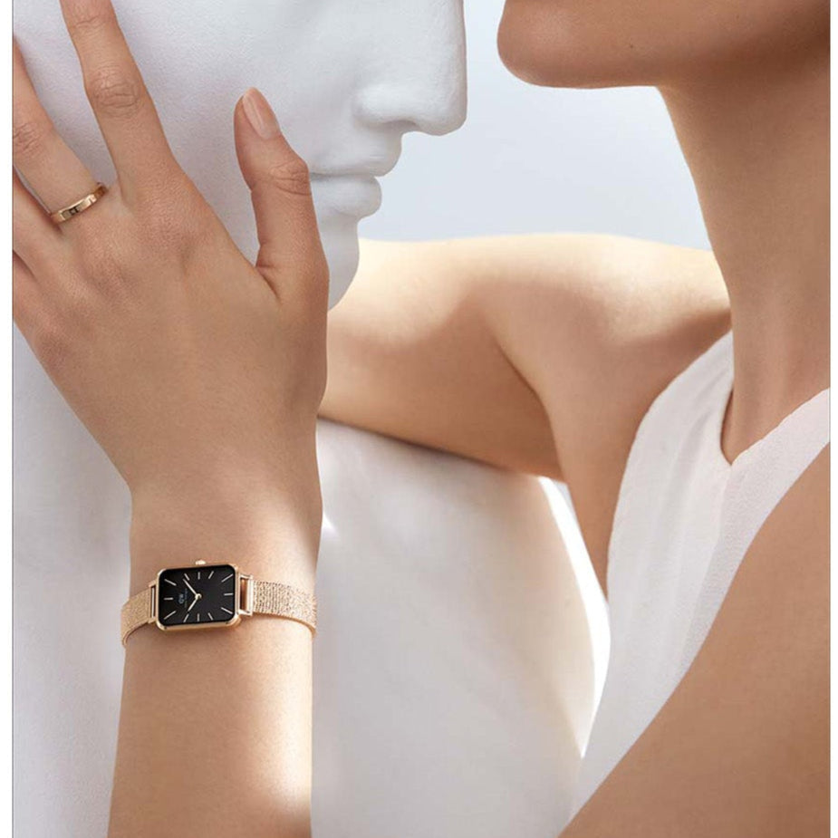  Shop Authentic Daniel Wellington Quadro Melrose Black Dial Rose Gold Mesh Bracelet Watch For Women - DW00100432 - Luxxuri