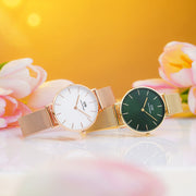  Shop Authentic Daniel Wellington Petite Emerald Green Dial Gold Mesh Strap Watch For Women - DW00100480 - Luxxuri