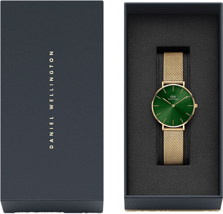  Shop Authentic Daniel Wellington Petite Emerald Green Dial Gold Mesh Strap Watch For Women - DW00100480 - Luxxuri