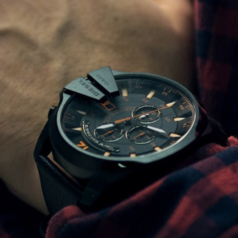  Shop Authentic Diesel Mega Chief Chronograph Black Dial Black Leather Strap Watch For Men - DZ4291 - Luxxuri