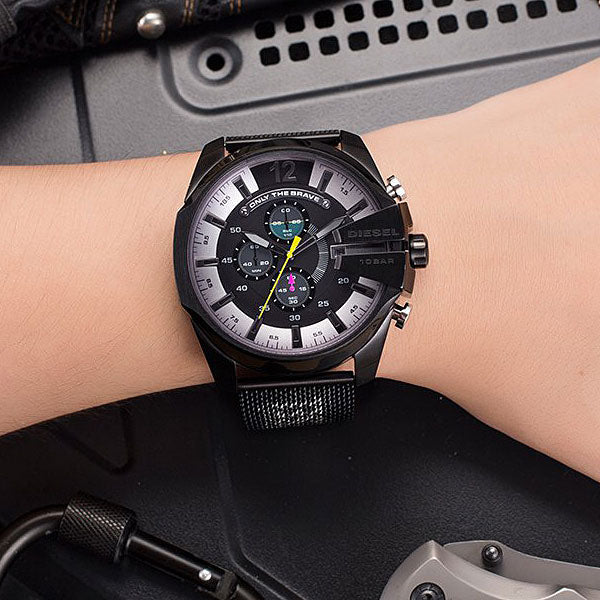  Shop Authentic Diesel Mega Chief Chronograph Black Dial Black Mesh Bracelet Watch For Men - DZ4514 - Luxxuri