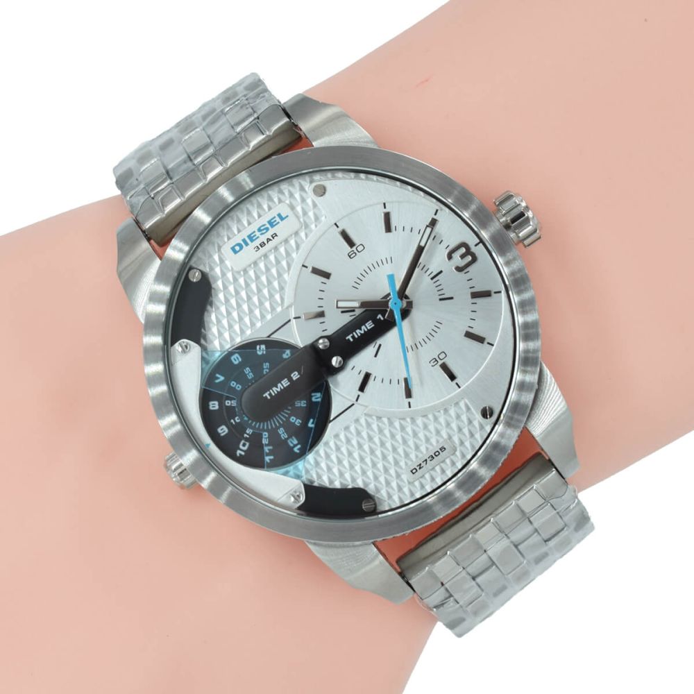 Shop Authentic Diesel Mini Daddy Dual Time Silver Dial Stainless Steel Watch For Men - DZ7305 - Luxxuri