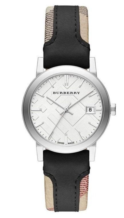  Shop Authentic Burberry The City White Dial Black Haymarket Leather Strap Watch for Women - BU9150 - Luxxuri