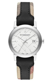  Shop Authentic Burberry The City White Dial Black Haymarket Leather Strap Watch for Women - BU9150 - Luxxuri