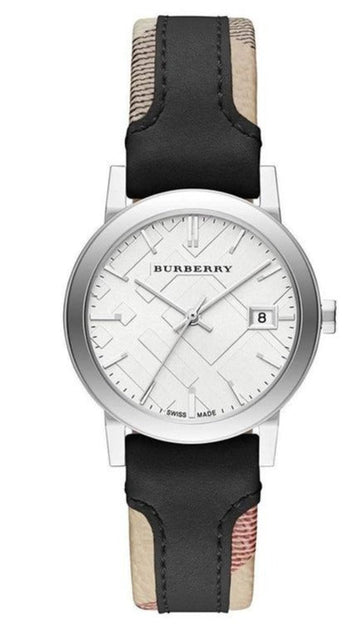  Shop Authentic Burberry The City White Dial Black Haymarket Leather Strap Watch for Women - BU9150 - Luxxuri