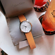  Shop Authentic Calvin Klein City Silver Dial Orange Leather Strap Watch for Women - K2G231G6 - Luxxuri