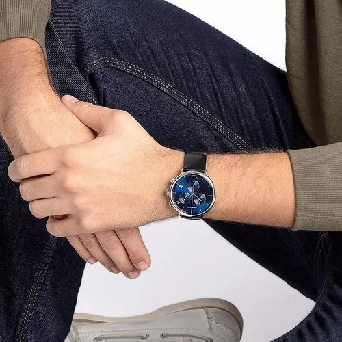  Shop Authentic Calvin Klein Chronograph Blue Dial Black Leather Strap Watch for Men - K8Q371CN - Luxxuri
