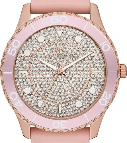  Shop Authentic Michael Kors Runway Three Hand Crystal Pave Dial Pink Rubber Strap Watch For Women - MK6854 - Luxxuri