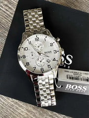  Shop Authentic Hugo Boss Aeroliner Chronograph Quartz White Dial Silver Steel Strap Watch For Men - HB1512445 - Luxxuri