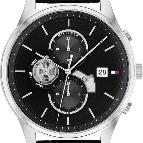  Shop Authentic Tommy Hilfiger Weston Chronograph Black Dial Black Leather Strap Watch For Men - 1710502 - Luxxuri