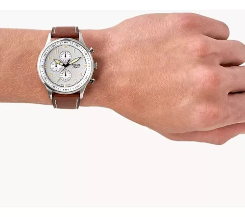  Shop Authentic Fossil Retro Pilot Chronograph Silver Dial Brown Leather Strap Watch for Men - FS5809 - Luxxuri