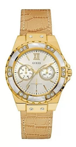  Shop Authentic Guess Limelight Quartz Silver Dial Golden Leather Strap Watch For Women - W0775L2 - Luxxuri