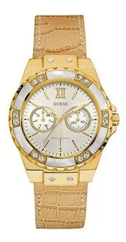  Shop Authentic Guess Limelight Quartz Silver Dial Golden Leather Strap Watch For Women - W0775L2 - Luxxuri