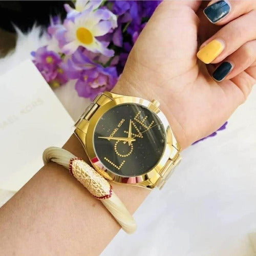  Shop Authentic Michael Kors Slim Runway Black Dial Gold Steel Strap Watch for Women - MK3803 - Luxxuri