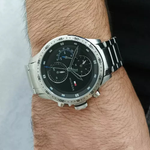  Shop Authentic Tommy Hilfiger Trent Quartz Black Dial Silver Steel Strap Watch For Men - 1791805 - Luxxuri
