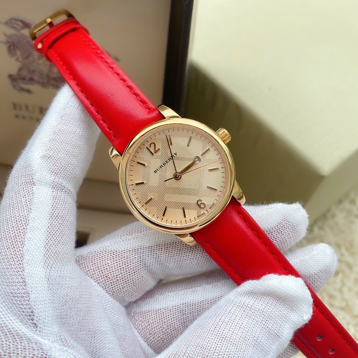  Shop Authentic Burberry The Classic Gold Dial Red Leather Strap Watch for Women - BU10102 - Luxxuri