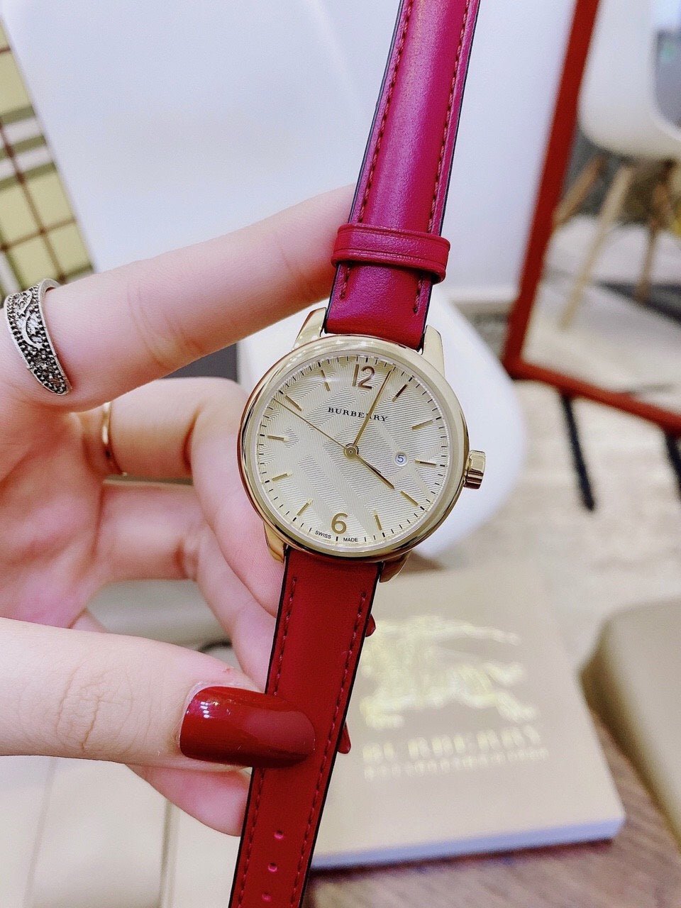  Shop Authentic Burberry The Classic Gold Dial Red Leather Strap Watch for Women - BU10102 - Luxxuri
