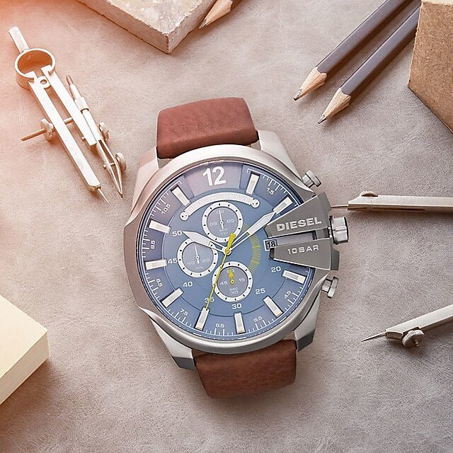  Shop Authentic Diesel Mega Chief Light Blue Dial Brown Leather Strap Watch For Men - DZ4281 - Luxxuri