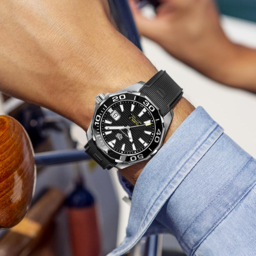  Shop Authentic Tag Heuer Aquaracer Calibre 5 Automatic Black Dial Black Rubber Strap Watch for Men - WAY201A.FT6142 - Luxxuri