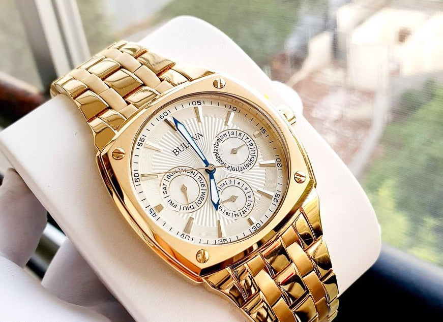  Shop Authentic Bulova Multifunction White Dial Gold Steel Strap Watch for Men - 97C105 - Luxxuri
