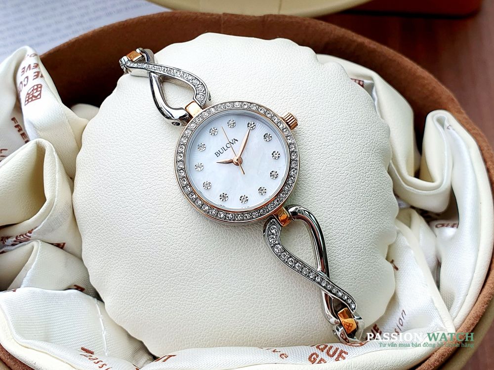  Shop Authentic Bulova Crystals Mother of Pearl Dial Two Tone Steel Strap Watch for Women - 98X108 - Luxxuri