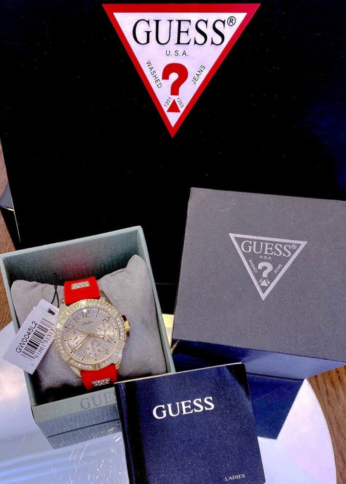  Shop Authentic Guess Frontier Diamonds Gold Dial Red Rubber Strap Watch for Women - GW0045L2 - Luxxuri