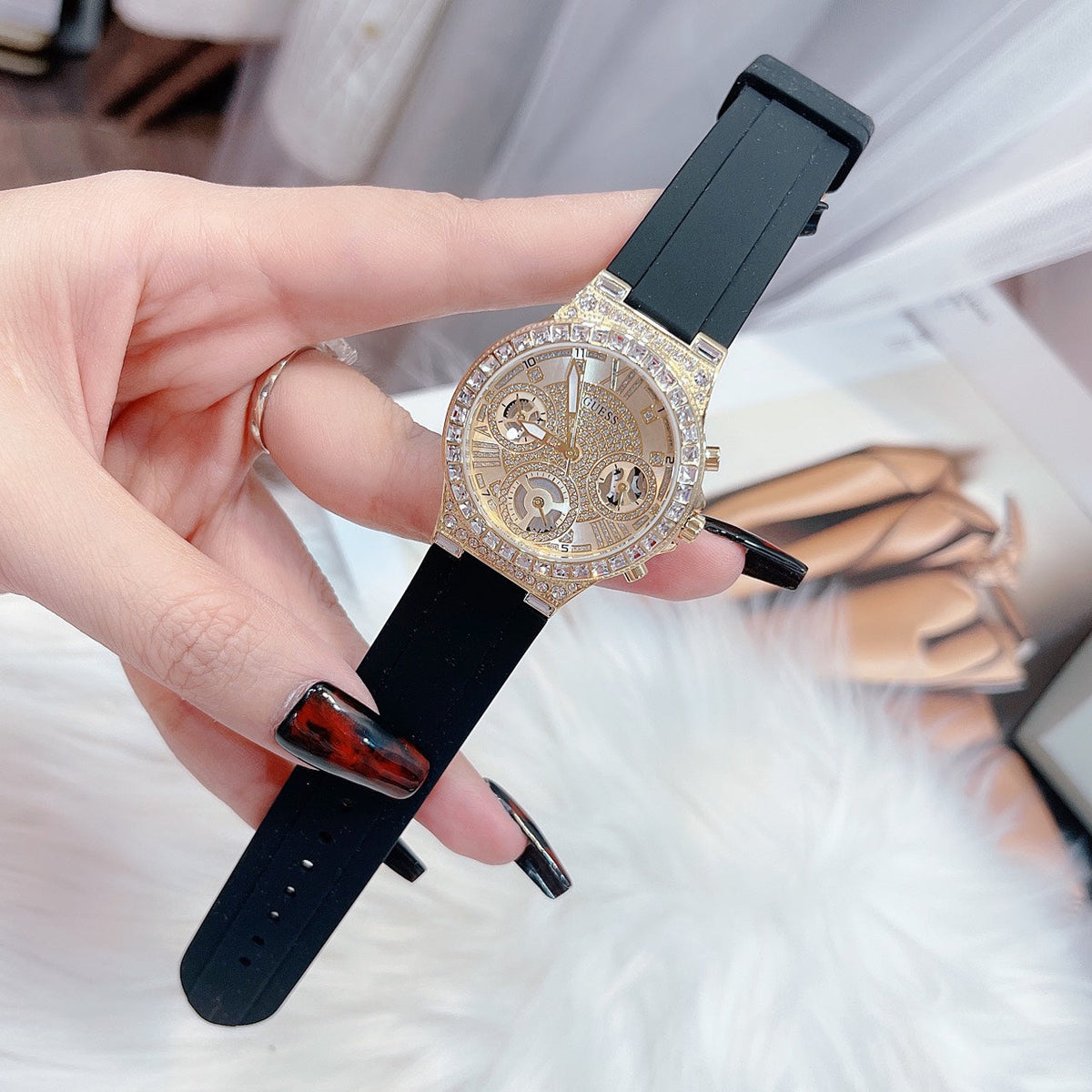  Shop Authentic Guess Moonlight Crystals Silver Dial Black Silicone Strap Watch For Women - GW0257L1 - Luxxuri