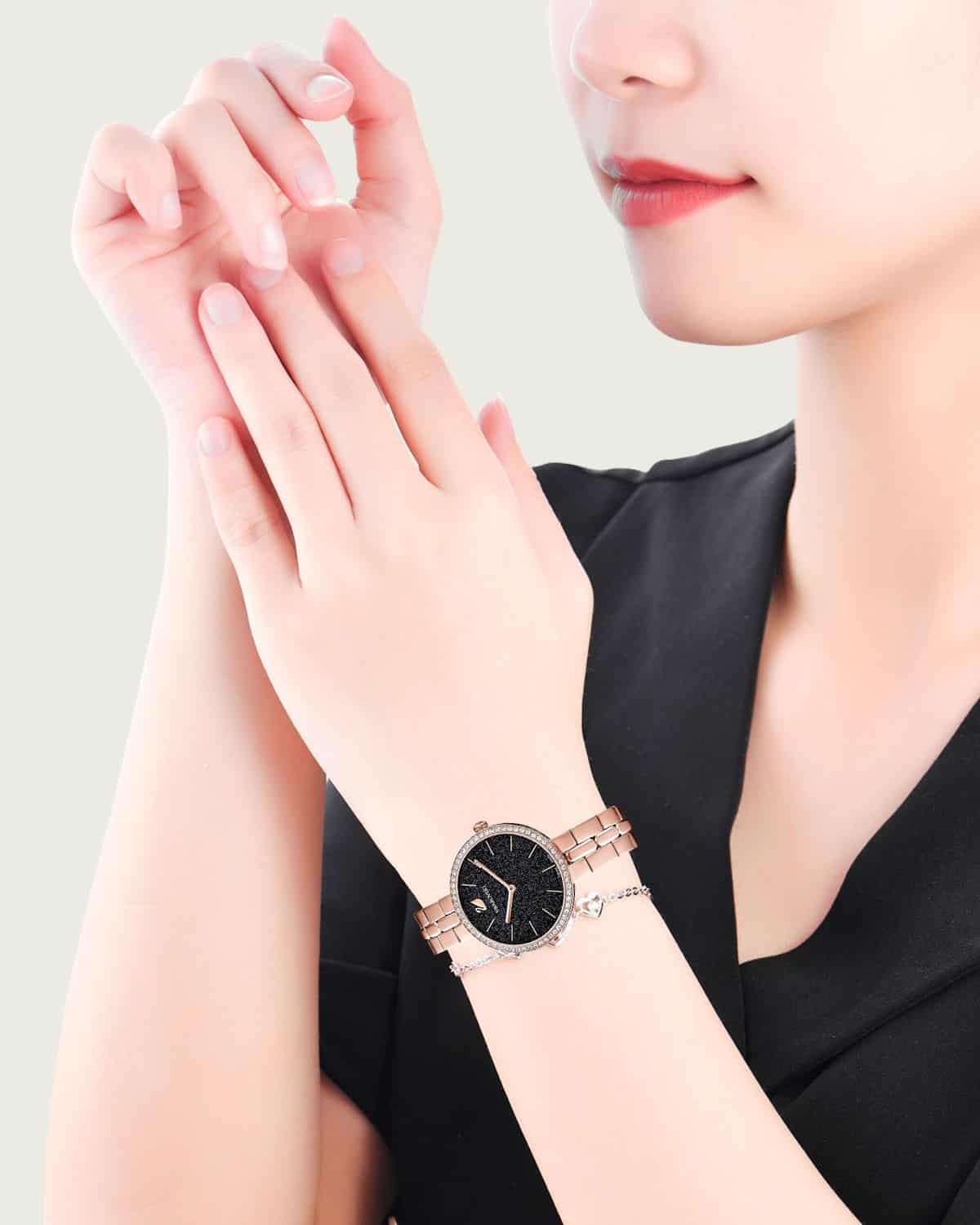  Shop Authentic Swarovski Cosmopolitan Black Dial Rose Gold Steel Strap Watch for Women - 5517797 - Luxxuri